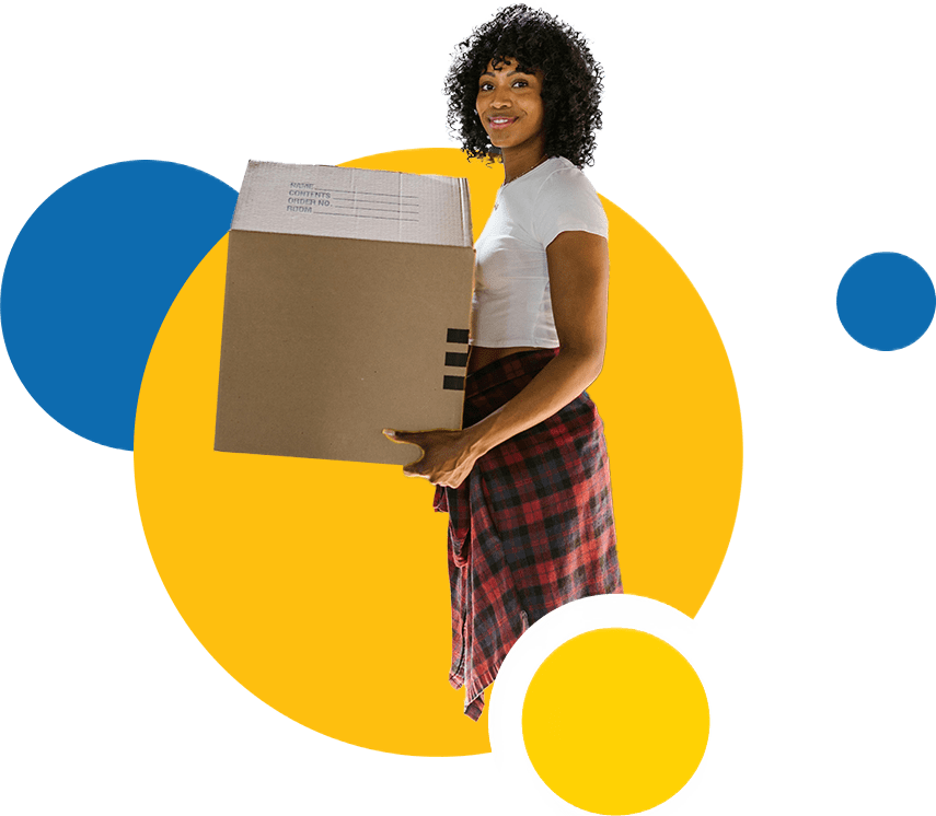 A side-view of a tenant holding a moving box. 
