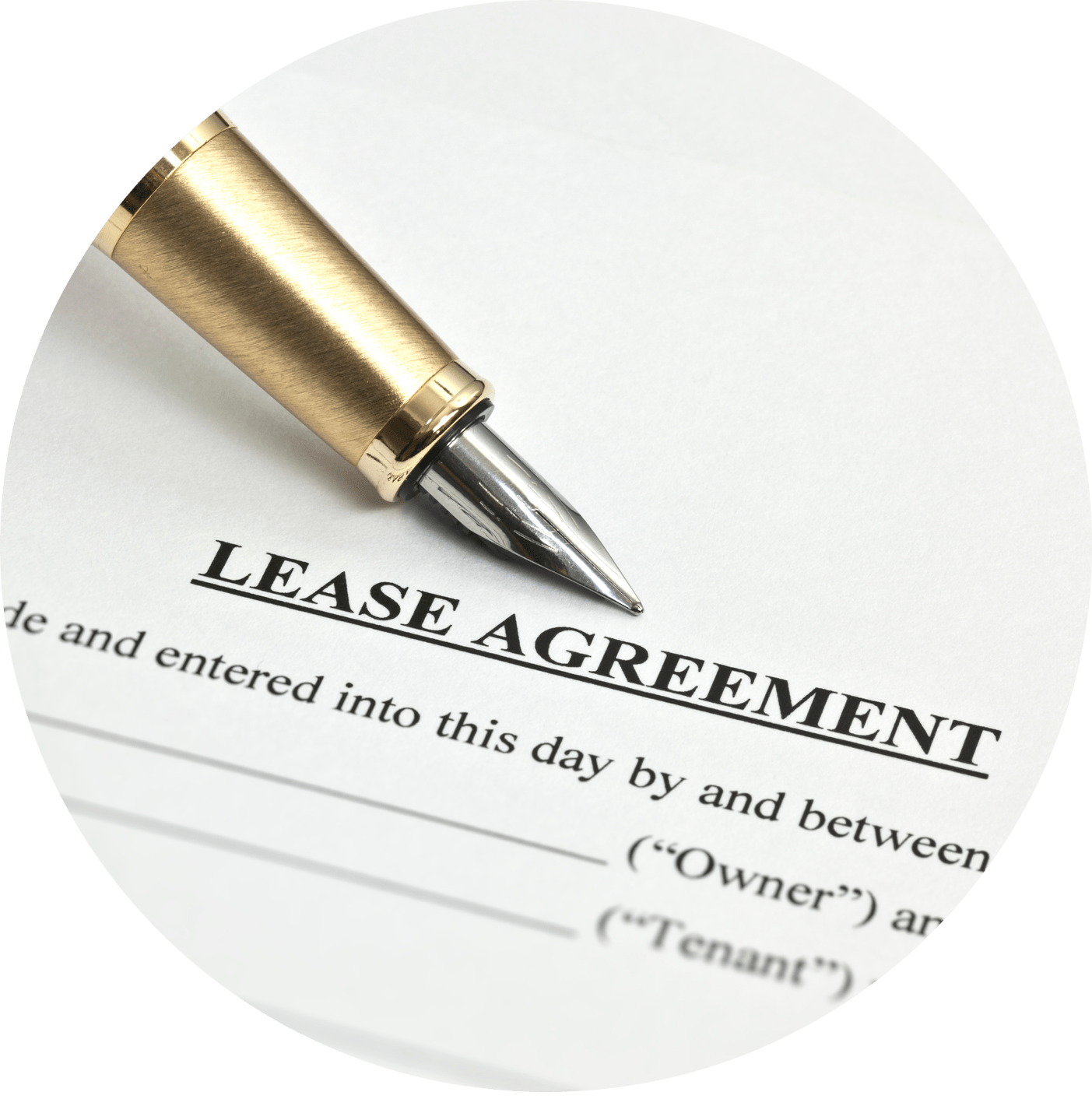 A gold pen on top of a piece of paper with the title "Lease Agreement".