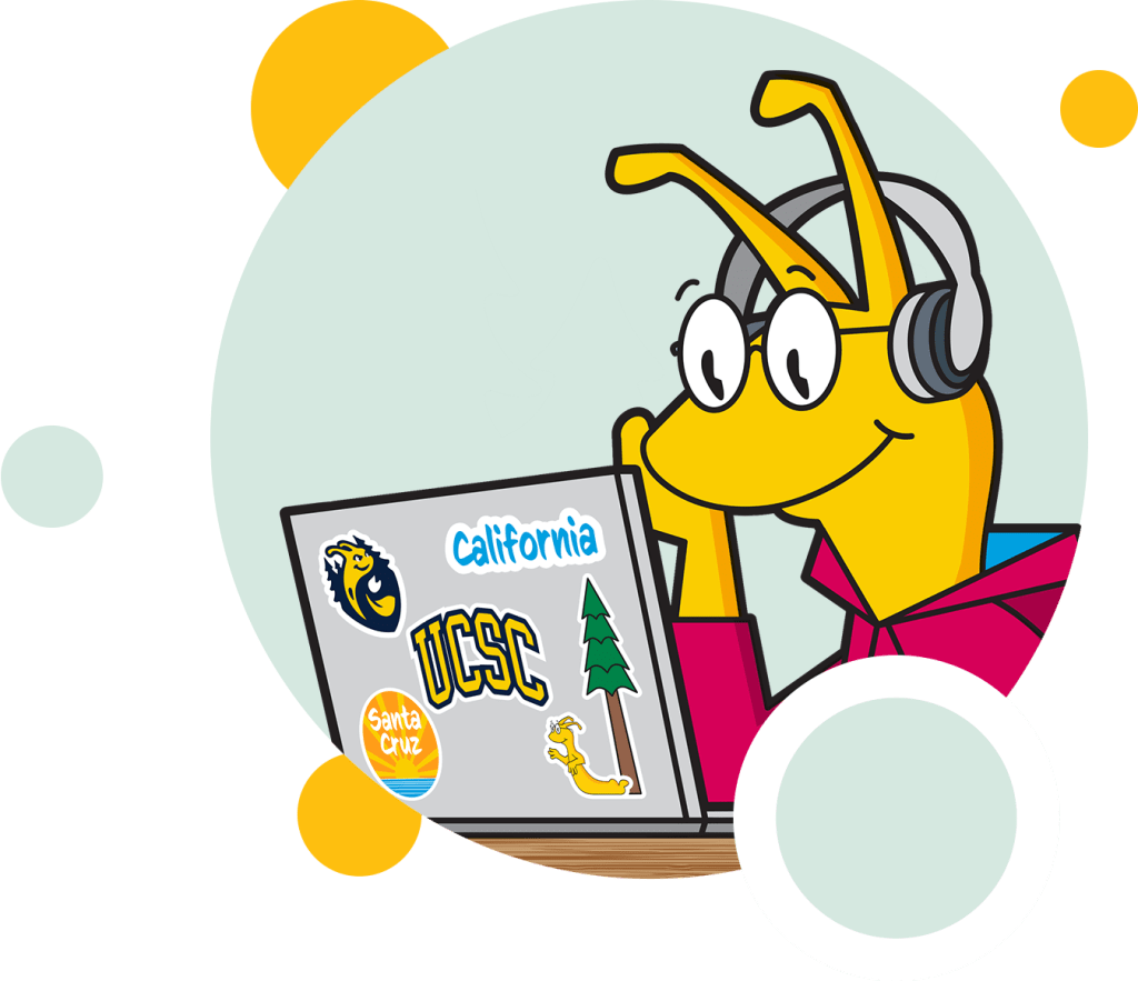 Illustration of Sammy the Slug on a laptop wearing headphones.